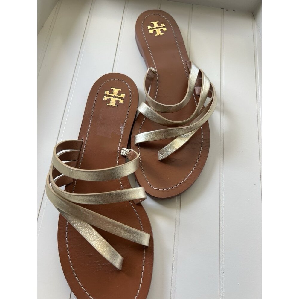 Tory Burch Patos Metallic Strappy Sandals Gold Leather Slides Summer Chic Size 9 - Picture 11 of 13